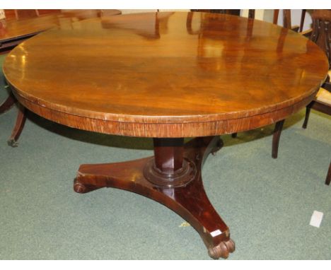 Victorian rosewood and mahogany circular tilt-top breakfast table, on a tapering octagonal column, tripod foot and castors, h