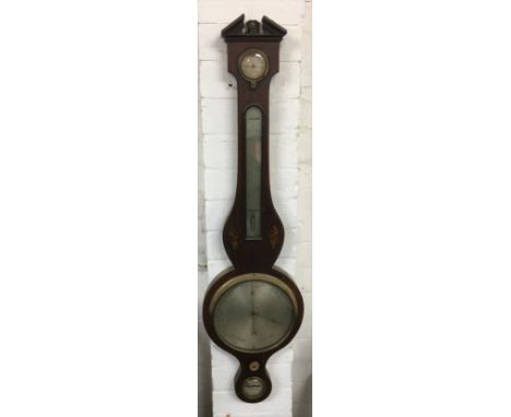 19th century banjo mercury barometer in mahogany case with shell inlay, hygrometer, thermometer, spirit level marked 'Warrant