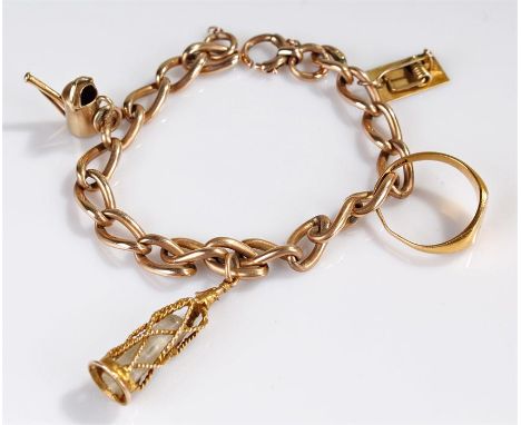 9 carat gold chain, with three 9 carat gold charms attached, and a 22 carat gold ring attached, total weight 24.8 grams