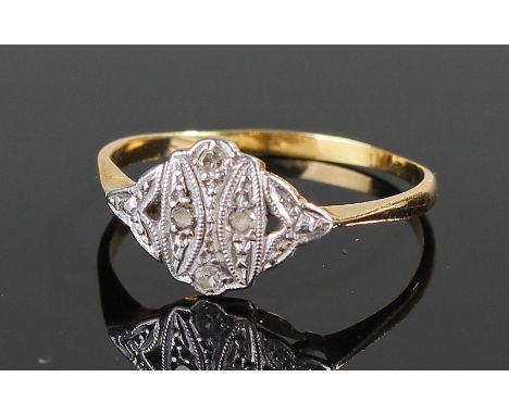 18 carat gold Art Deco diamond set ring, with an diamond shaped head set with diamonds on platinum, 18 carat gold band, ring 