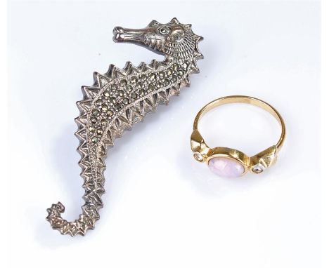 Marcasite set brooch, in the form of a sea horse, together with a ring, (2)