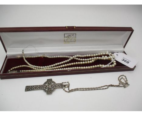 Silver Celtic Cross Pendant on a Metal Chain and 2 Pearl Necklaces