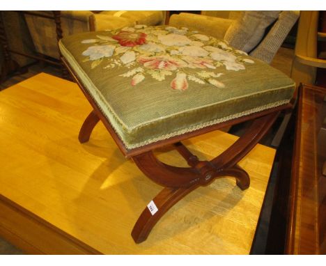 Victorian Mahogany and Tapestry X Frame Stool, 53x49cm, 40cm h