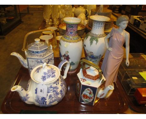 Nao Figure, 2 Chinese Porcelain Vases and 3 Teapots