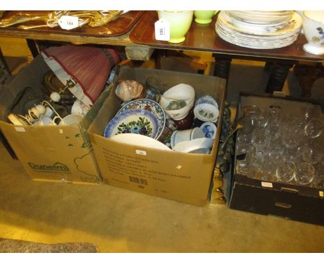 Three Boxes of Ceramics, Glass, Pictures, Fire Front, Lamp etc