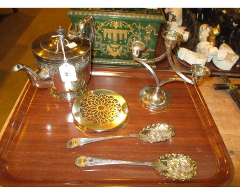 Pair of Georgian Edinburgh Silver Berry Spoons, Silver Plated Candlestick, Teapot and Stand
