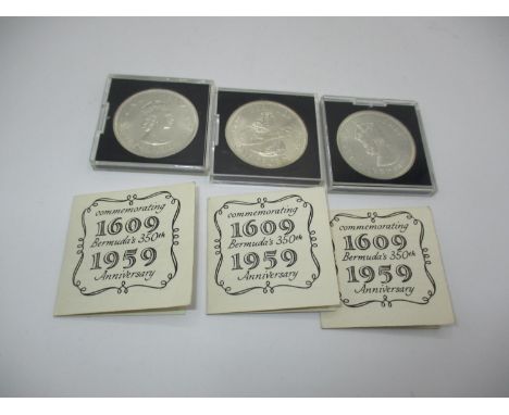 Three Royal Mint 1959 Brilliant Uncirculated 925 Silver Crowns (28.28 gm), Commemorated 350 Years as a Colony, coins are case