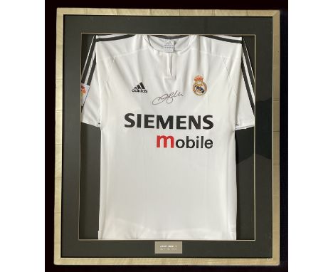 Football David Beckham 33x29 inch overall framed and mounted replica Real Madrid home shirt. Good condition. All autographs c
