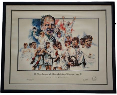 West Bromwich Albion print framed 34x27 inch. Colour drawing of the 1968 F.A Cup winning team. UNSIGNED. Good condition. All 