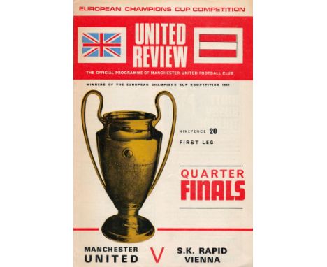 Manchester Utd Vs S K Rapid Vienna Vintage Football Programme From 26th February 1968 at Old Trafford. Good used condition we