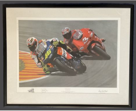 Mugello Maestro by Ray Goldsbrough print signed by Valentino Rossi and the artist, mounted and framed. 33x26 inch in size ove