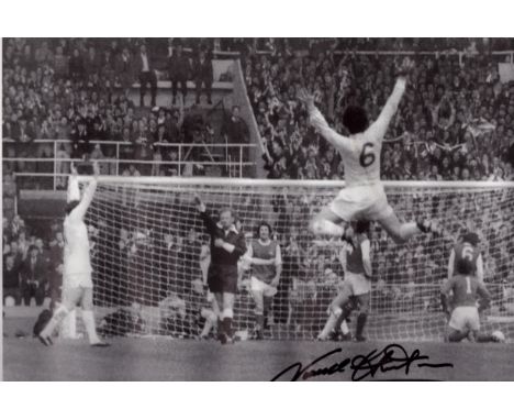 Football Norman 'Bite yer Legs' Hunter Signed 20 x 13 inch Black and White Print Showing Hunter Leaping for Joy after Allan C