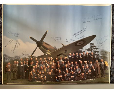 WW2 RAF The Last Of The Few Multi signed Poster Print Showing Surviving Pilots. Signatures include AVM Johnnie Johnson, Rolan
