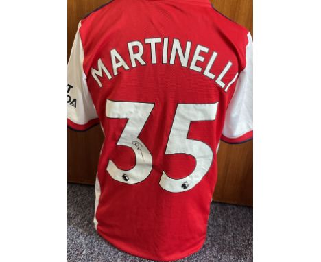 Football. Gabriel Martinelli Signed Arsenal FC Home replica shirt size UK M. Signed on his squad number. Tags present. Good c