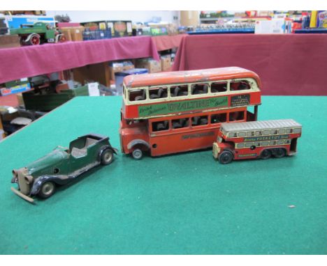 Three Tinplate Clockwork Model Vehicles, comprising of Brimtoy Pocketoy Series London Bus, Minic Learner? Car, Minic London T