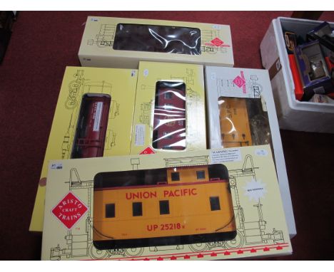 Five Aristo Craft Trains 'G' Gauge Outline American Rolling Stock Items, including #86206 wood reefer car - S.P.C, #42113 cab