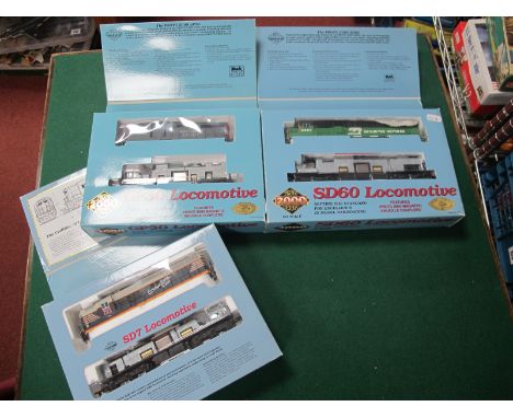 Three Proto 2000 'HO' Gauge Boxed Diesel Locomotives, U.S.A Outline, a GP30 'Southern Pacific' livery, a SD7 'Burlington' liv