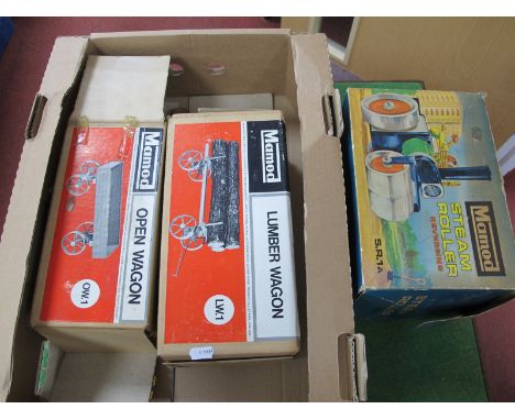 Mamod Live Steam' Interest, to include S.R.I.A steam roller, OW.1 open wagon, LW.1 lumber wagon boxed.