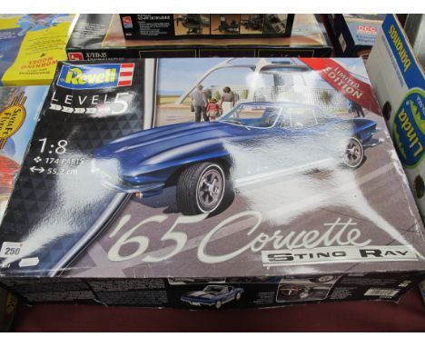 A Revell #07434 1:8th Scale 65 Corvette Sting Ray Plastic Model Kit, bagged parts, accompanied by literature and decal sheet 