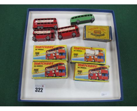 Eight Matchbox Diecast Model Buses, to include No. 56 London Trolley Bus 'Drink Peardrax', red body, red poles, chipping to p