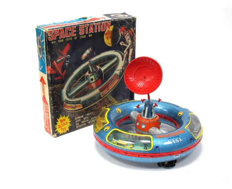 A S.H. (Horikawa) Japan C. 1960's Battery Operated Tinplate Space Station No 378795 N.A.S.A. Man Made Earth of Space Age, equ