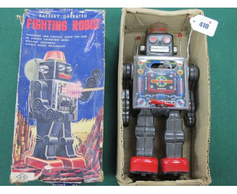 A S.H (Horikawa) Japan Battery Operated Tinplate Fighting Robot, grey body, red feet, signs of play with some wear to body, p