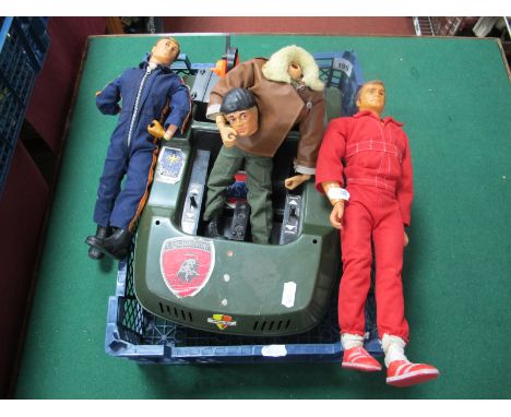 Two Vintage Flock Haired Action Man, one with head detached (present), the other with significant wear, both with damaged, a 