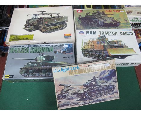 Five Plastic Model Tank, Armoured Vehicle Kits by Bluetank Crown, Mtsuwa, UPC, Imai, including Mitsuwa kit No 954 1:48 U.S Ar