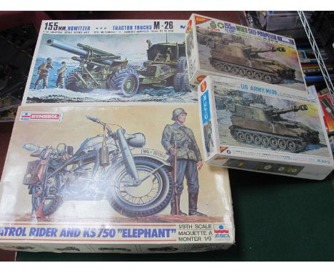 Four Military Themed Plastic Model Kits by ESCI, Nichimo, including ESCI Humbrol 1:9th scale patrol rider and KS750 'Elephant