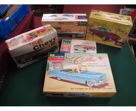 Five Plastic Model Car Kits, by Monogram, Revell, Pryo, to include Monogram #P-4 295, 1955 Cadillac Convertible, loose parts 