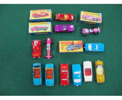 Twelve Matchbox (Lesney) Diecast Model Vehicles, including boxed Superfast No 34 Formula 1 Racing Car, No 13 ISO Griffo (scra