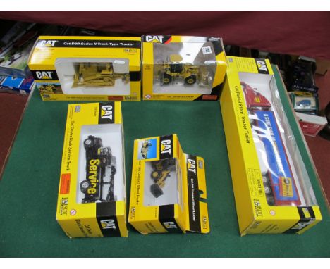 Five Norscot 1:50th Scale Diecast Model Vehicles, to include #55099 Cat D8R series II track type tractor, #55196 Cat 950H whe