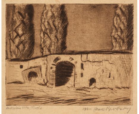 * Brodzky (Horace Ascher, 1885-1969). Hadrian's Villa, Tivoli, 1912, etching with drypoint on brown fibrous buff paper, signe
