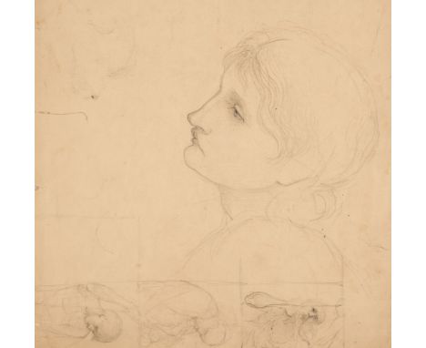 * Attributed to John Melhuish Strudwick (1849-1937). Head of a Young Woman, pencil on paper, with three additional smaller sk