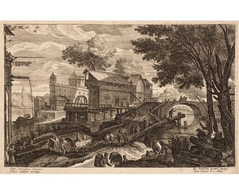 * Sadeler (Aegidius, 1570-1629). Landscape with buildings and figures approaching a bridge, after Pieter Stevens II (circa 15