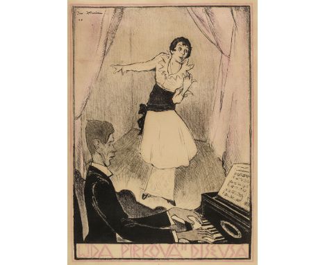 * Hlrshka (Tro, 20th century). Lida Pirkova Disevsa, circa 1920, colour lithograph, showing a woman standing on a stage singi