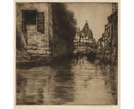 * Menpes (Mortimer Luddington, 1855-1938). Venetian waterways with Santa Maria della Salute, etching on watermarked laid pape