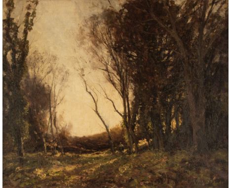 * Barlow (John Noble, 1861-1917). October Morning, Cornwall, circa 1890, oil on canvas, showing a figure in woodland landscap