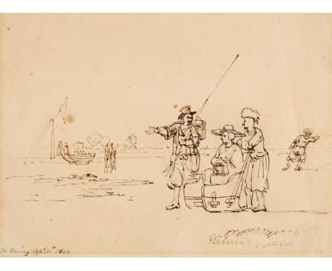 * Dutch School. Figures on a Frozen River, April 11th 1811, brown ink on laid paper, watermarked 1801, depicting a small grou