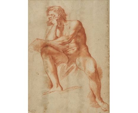 * Venetian School. Seated Male Nude, 17th century, red chalk on light pale grey-green laid paper, with indistinct watermark, 