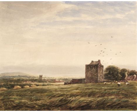 * Orrock (James, 1829-1913). Iona Abbey, 1875, watercolour on card, showing Iona Abbey, figures in the foreground making hay,