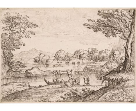 * Grimaldi (Giovanni Francesco, 1606-1680). Landscape with fishing boat and figures by a river, etching on laid paper, sheet 
