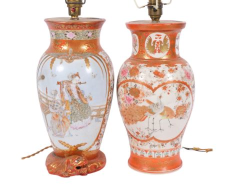 A Vintage Japanese Kutani porcelain table lamp, with dragon figure to the base, height to base of fitting 31.5cm, and a Japan