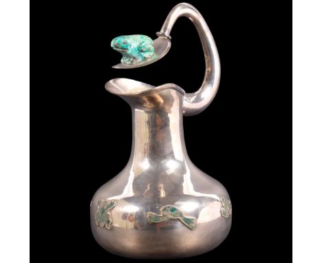 A large Mexican modernist silver plated green stone water pitcher jug, by Los Castillo, model no. 205, with frog motif, H31cm