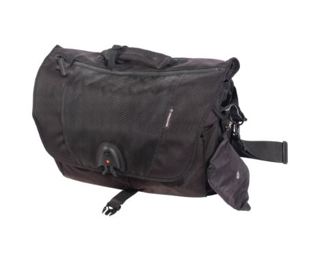 A Vanguard padded camera bag, with fitted compartments and various accessories, including a Canon BG-E6 battery grip, miniatu