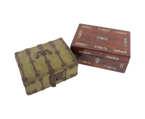 An Antique painted green casket with iron mounts, a box with inlaid mother-of-pearl decoration, and a ceramic strut clock