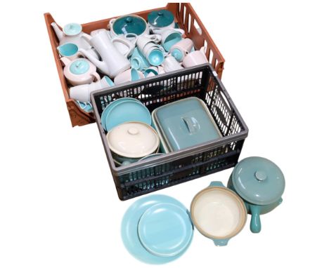 A tray of Poole Twintone pottery tea and coffee ware, Denby Green Wheat tureens, and a box of green Denby serving dishes and 