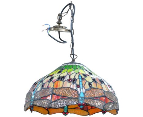 A small Tiffany style stained glass leadlight 'Dragonfly' ceiling light fitting, diameter 41cm