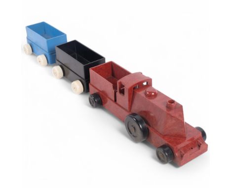 CHAD VALLEY - an Art Deco multi-colour Bakelite child's toy pull-along train set, comprising engine and 2 tender carriages, L