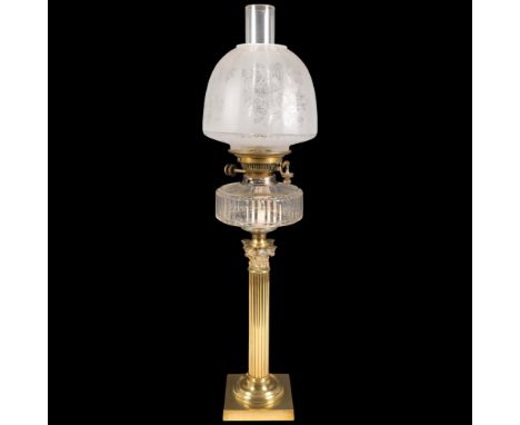 A 19th century brass Corinthian column Hinks's no. 2 duplex oil lamp, by Benetfink & Co, with faceted glass font, etched glas